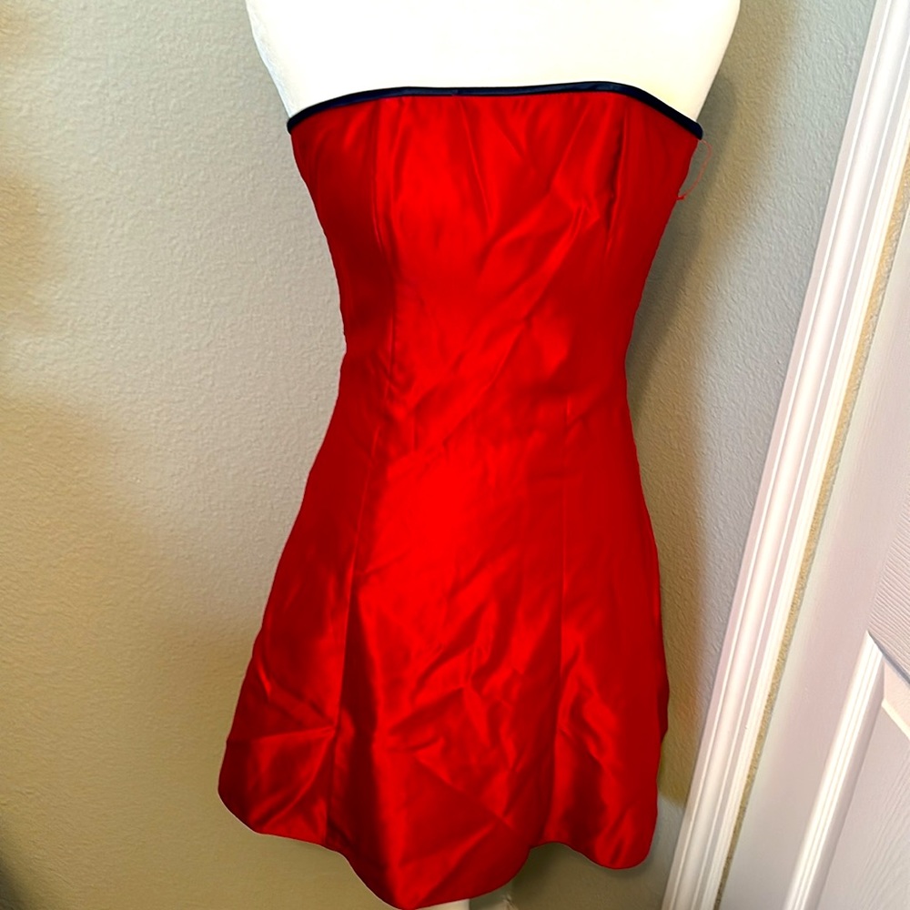 Jessica McClintock Red A-line Dress with Boning and Blue Trim